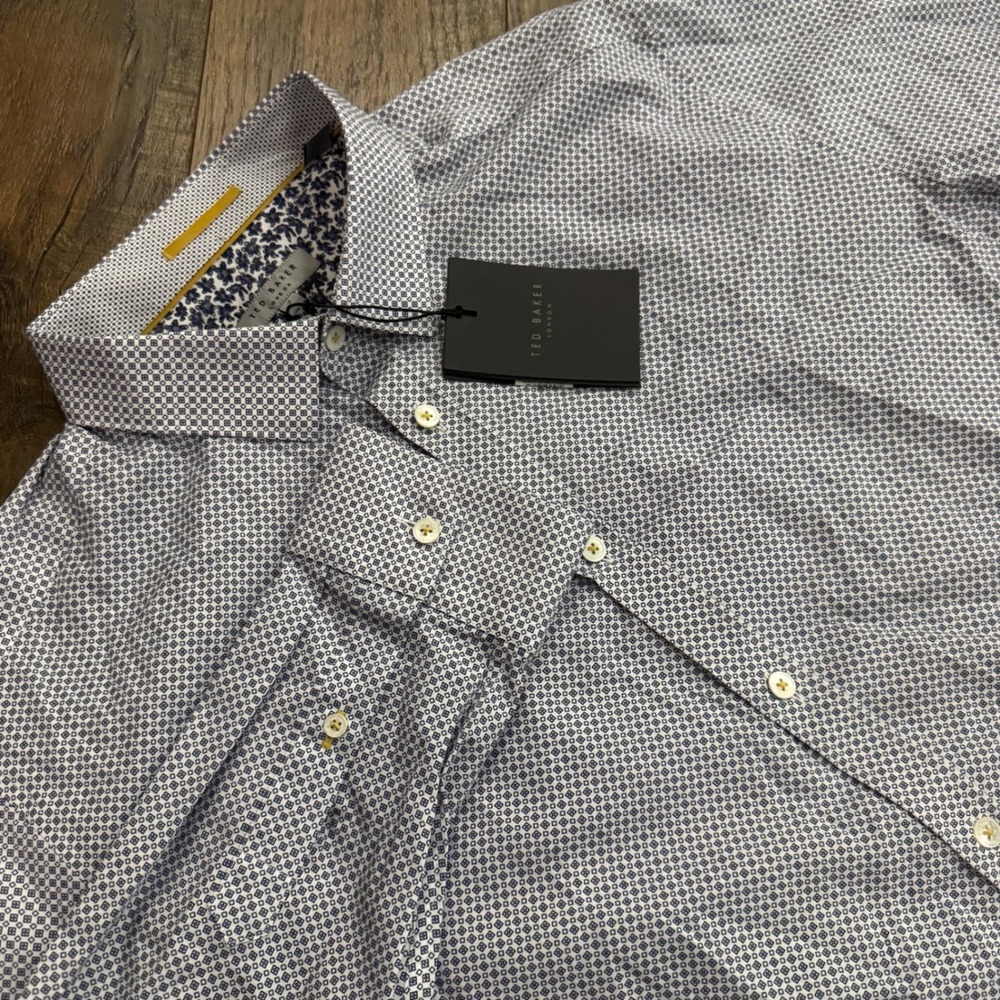 Ted Baker London Men Size 7 XXL White Blue Geometric Print Button Down Shirt NWT